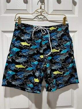 SSLR Men's Swim Trunks Shorts Shark Print Size 30 mesh Liner Black Multi -Color
